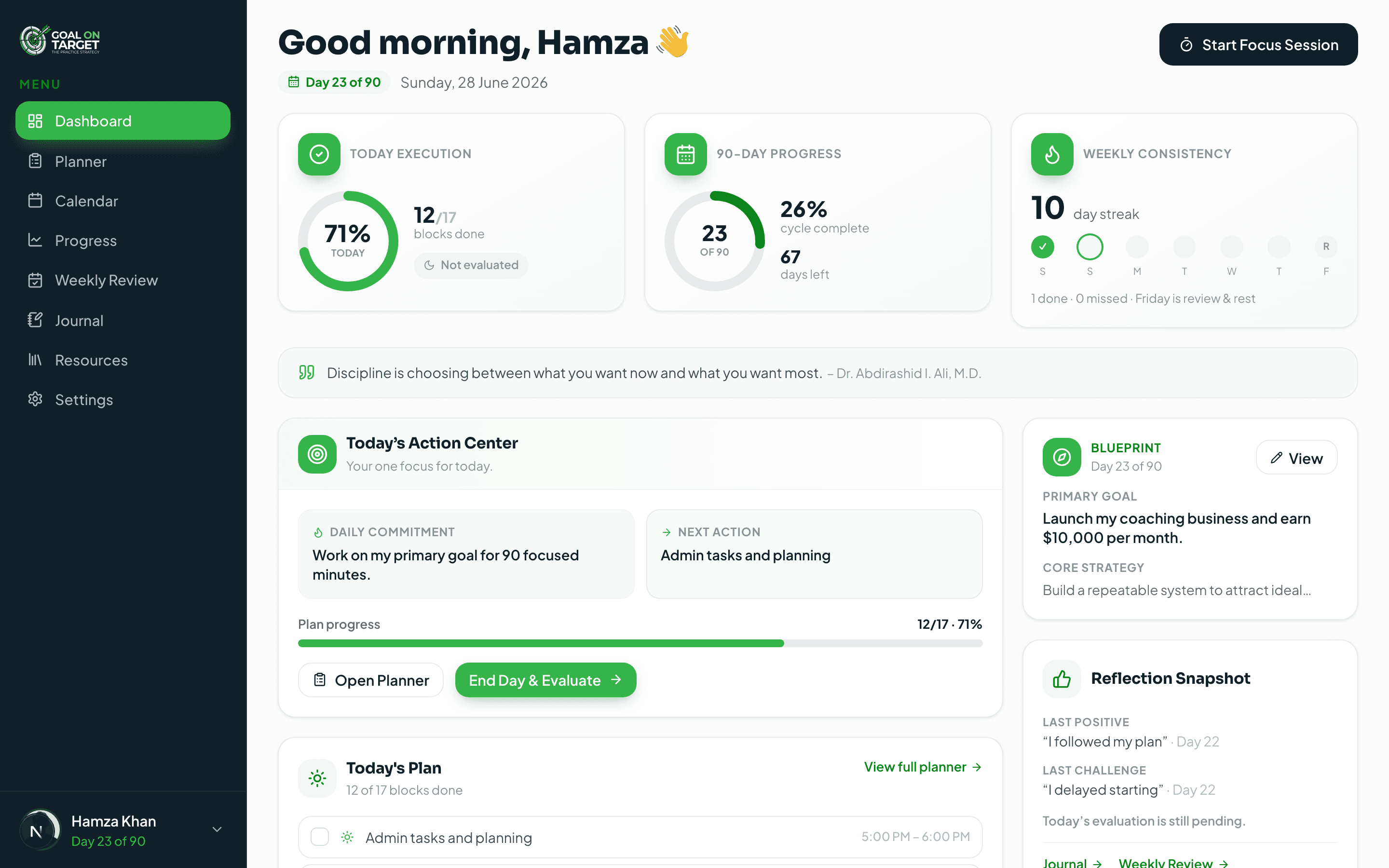 Goal On Target dashboard on desktop